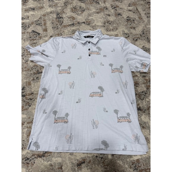 TravisMathew Volkswagen VW Bus Palm Tree Cactus Golf Polo Shirt Mens L Blue Grey